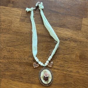 Floral Pendant Necklace with Mint Green Ribbon